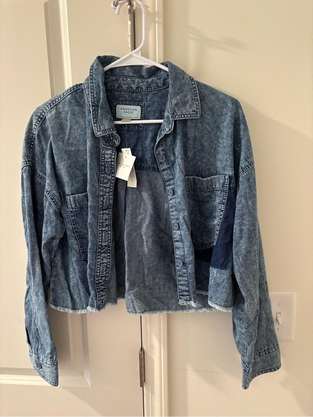 American Eagle Outfitters Distressed Blue Cropped Denim Jacket